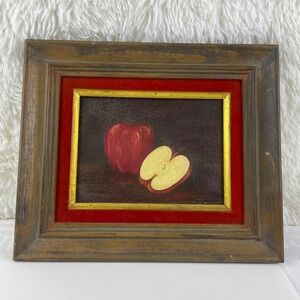 Antique French Still Life Oil Painting Red Apple Gold Frame Red Velvet Mat
